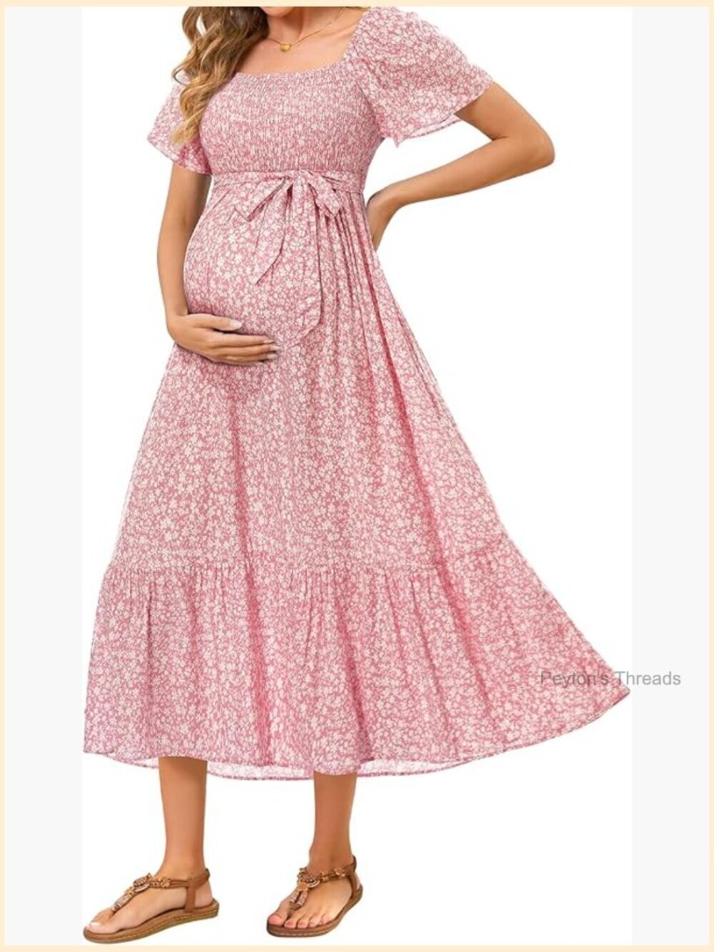 Maternity Dress for Baby Shower - Square Neck Smocked Midi Dress with Belt